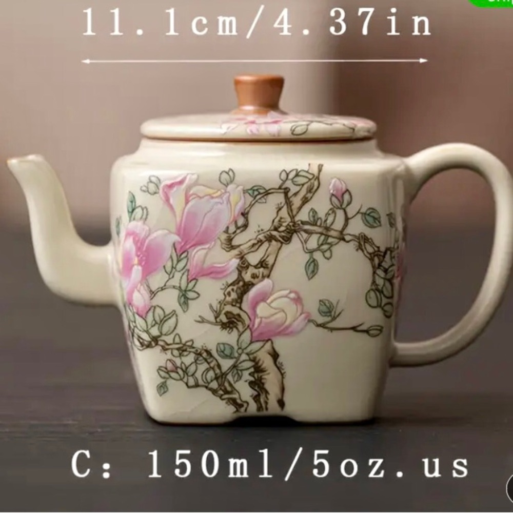 Magnolia Flower Square Teapot, 6.75oz Ru Kiln Xi Shi Style Ceramic,Pink Flowers.